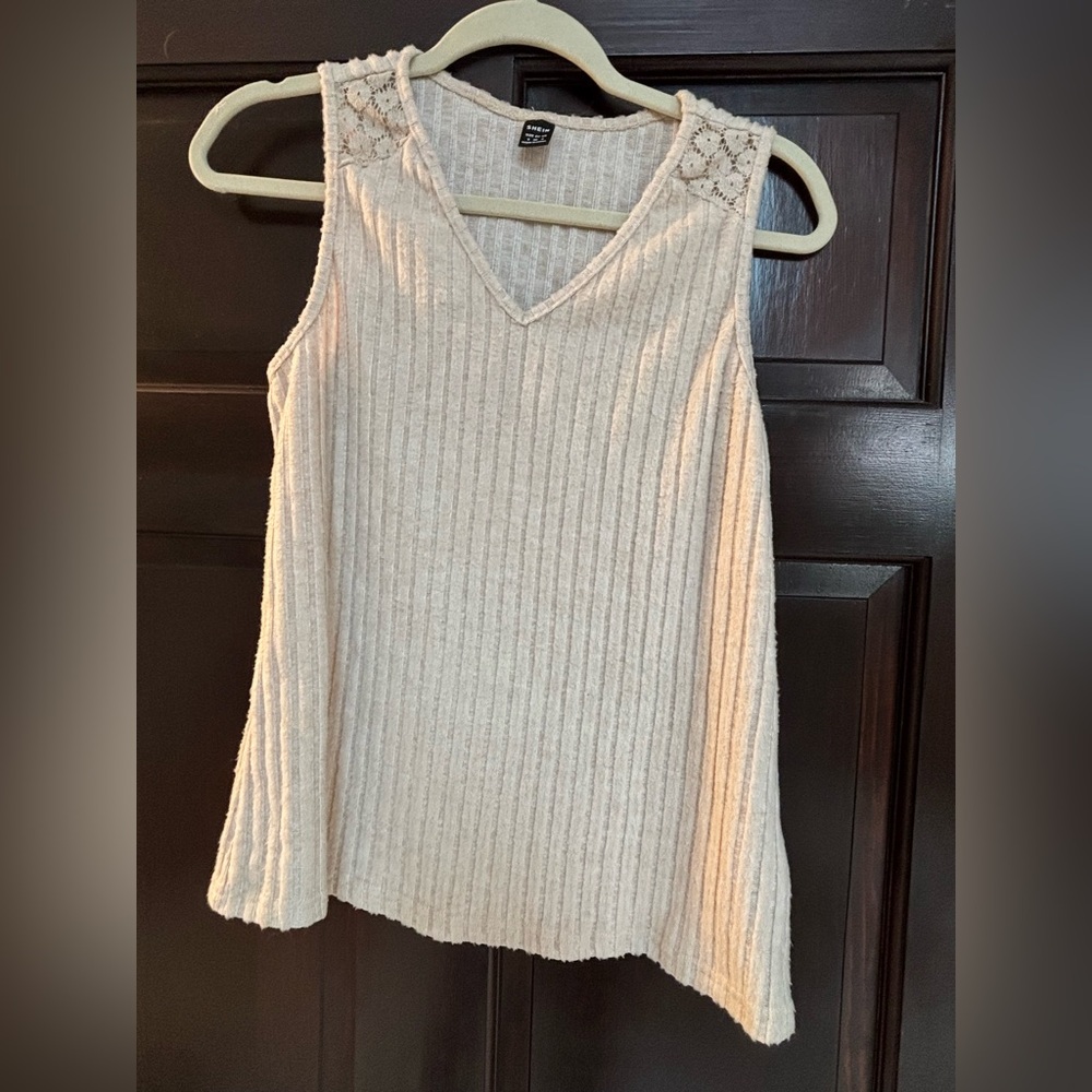 SHEIN Cream Ribbed Knit Tank Top with lace shoulder details